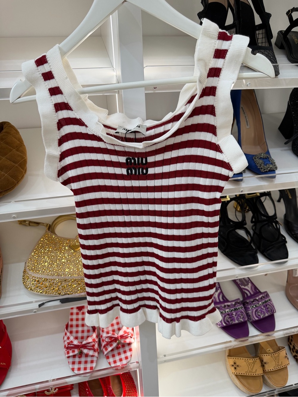 Miu Miu White & Burgundy Striped Ribbed Tank 36